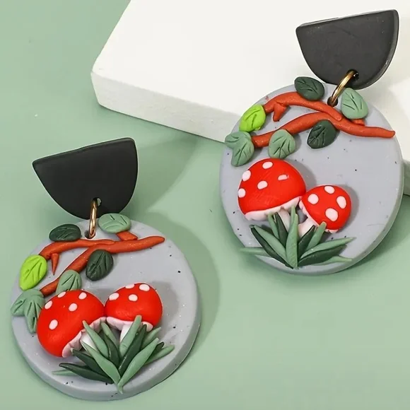 Handmade mushroom cottagecore dangle statement earrings - Picture 3 of 5
